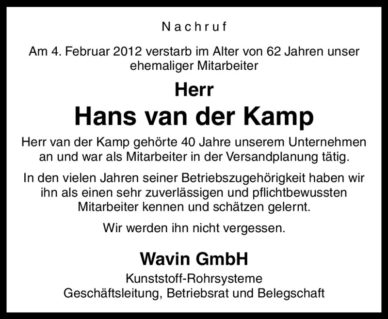  Traueranzeige für Hans van der Kamp vom 09.02.2012 aus Neue Osnabrücker Zeitung