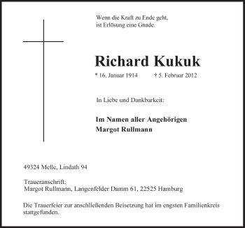 Traueranzeige von Richard Kukuk von Neue Osnabrücker Zeitung