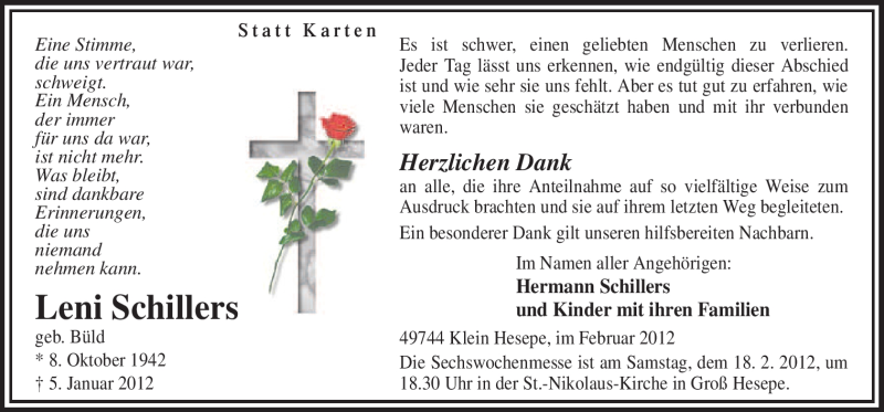  Traueranzeige für Leni Schillers vom 15.02.2012 aus Neue Osnabrücker Zeitung