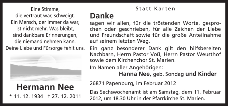  Traueranzeige für Hermann Nee vom 09.02.2012 aus Neue Osnabrücker Zeitung