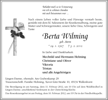Traueranzeige von Berta Wilming von Neue Osnabrücker Zeitung