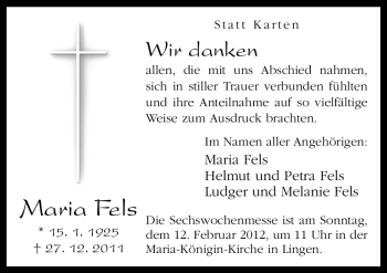 Traueranzeige von Maria Fels von Neue Osnabrücker Zeitung