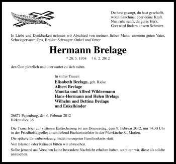 Traueranzeige von Hermann Brelage von Neue Osnabrücker Zeitung