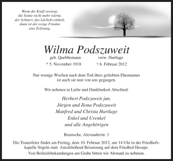Traueranzeige von Wilma Podszuweit von Neue Osnabrücker Zeitung