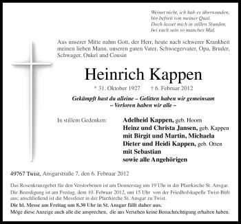 Traueranzeige von Heinrich Kappen von Neue Osnabrücker Zeitung