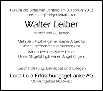 Traueranzeige von Walter Leiber von Neue Osnabrücker Zeitung