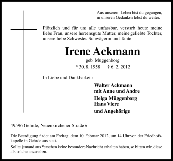 Traueranzeige von Irene Ackmann von Neue Osnabrücker Zeitung