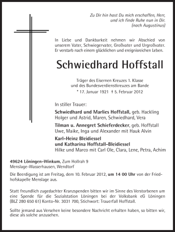 Traueranzeige von Schwiedhard Hoffstall von Neue Osnabrücker Zeitung