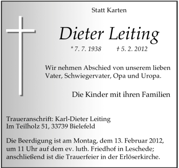 Traueranzeige von Dieter Leiting von Neue Osnabrücker Zeitung