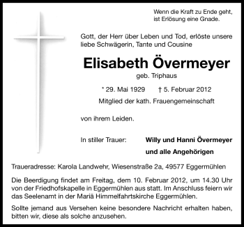 Traueranzeige von Elisabeth Övermeyer von Neue Osnabrücker Zeitung