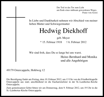 Traueranzeige von Hedwig Diekhoff von Neue Osnabrücker Zeitung