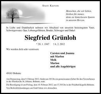 Traueranzeige von Siegfried Grünloh von Neue Osnabrücker Zeitung