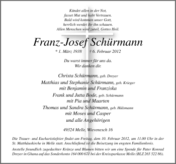 Traueranzeige von Franz-Josef Schürmann von Neue Osnabrücker Zeitung