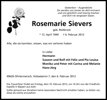 Traueranzeige von Rosemarie Sievers von Neue Osnabrücker Zeitung