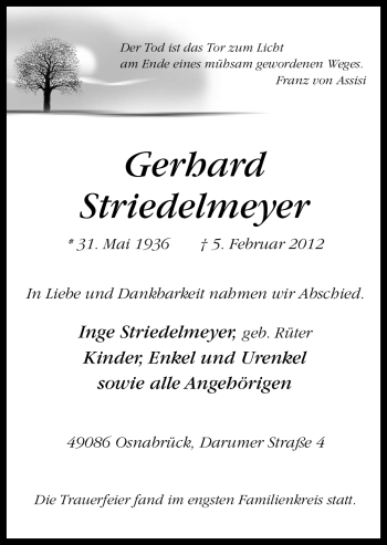 Traueranzeige von Gerhard Striedelmeyer von Neue Osnabrücker Zeitung