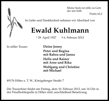 Traueranzeige von Ewald Kuhlmann von Neue Osnabrücker Zeitung
