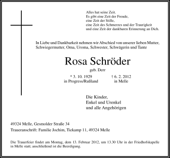 Traueranzeige von Rosa Schröder von Neue Osnabrücker Zeitung