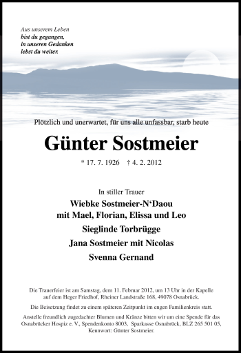 Traueranzeige von Günter Sostmeier von Neue Osnabrücker Zeitung