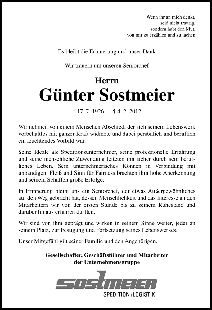  Traueranzeige für Günter Sostmeier vom 08.02.2012 aus Neue Osnabrücker Zeitung