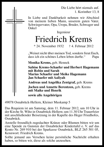 Traueranzeige von Friedrich Krems von Neue Osnabrücker Zeitung