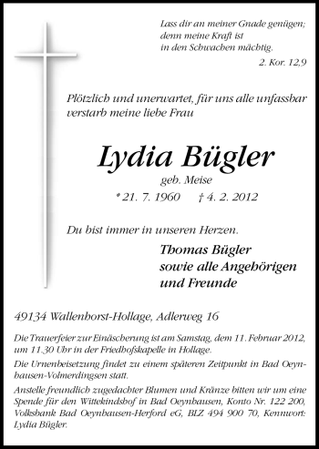 Traueranzeige von Lydia Bügler von Neue Osnabrücker Zeitung