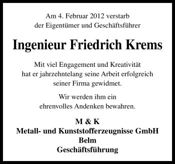 Traueranzeige von Friedrich Krems von Neue Osnabrücker Zeitung