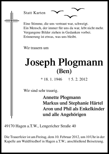 Traueranzeige von Joseph Plogmann von Neue Osnabrücker Zeitung