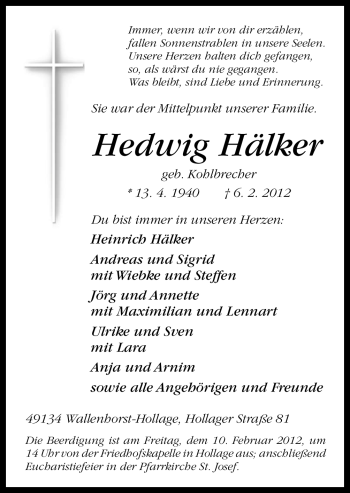 Traueranzeige von Hedwig Hälker von Neue Osnabrücker Zeitung