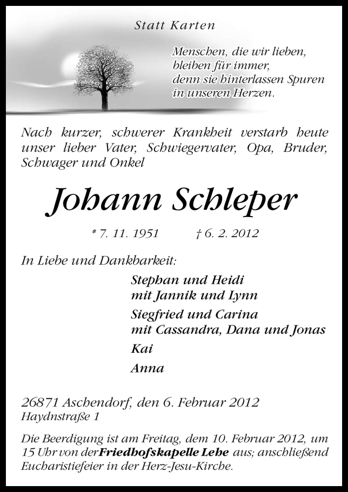  Traueranzeige für Johann Schleper vom 09.02.2012 aus Neue Osnabrücker Zeitung