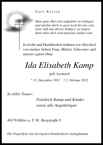 Traueranzeige von Ida Elisabeth Kamp von Neue Osnabrücker Zeitung