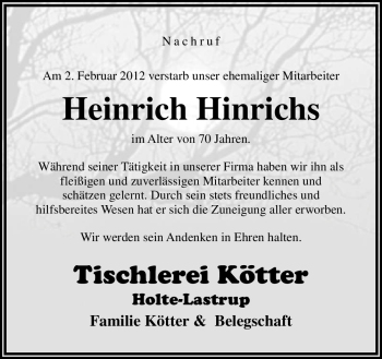 Traueranzeige von Heinrich Hinrichs von Neue Osnabrücker Zeitung