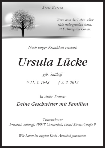 Traueranzeige von Ursula Lücke von Neue Osnabrücker Zeitung