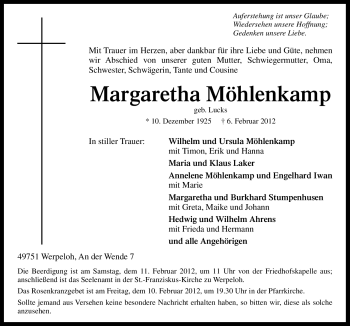 Traueranzeige von Margaretha Möhlenkamp von Neue Osnabrücker Zeitung
