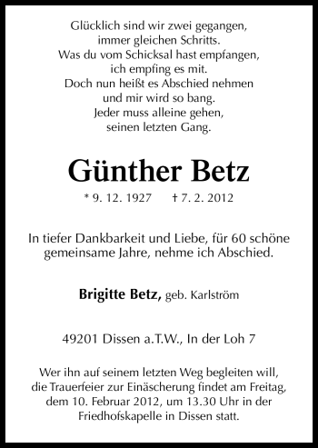Traueranzeige von Günther Betz von Neue Osnabrücker Zeitung