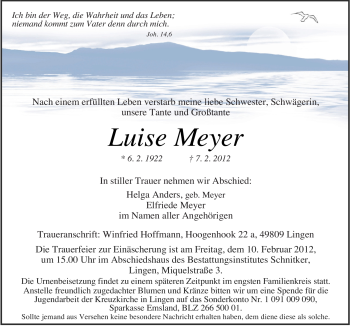 Traueranzeige von Luise Meyer von Neue Osnabrücker Zeitung