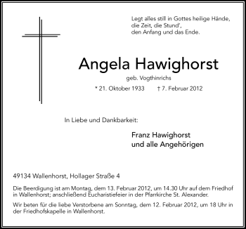 Traueranzeige von Angela Hawighorst von Neue Osnabrücker Zeitung