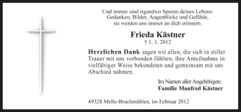 Traueranzeige von Frieda Kästner von Neue Osnabrücker Zeitung