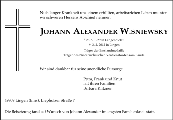 Traueranzeige von Johann Alexander Wisniewsky von Neue Osnabrücker Zeitung