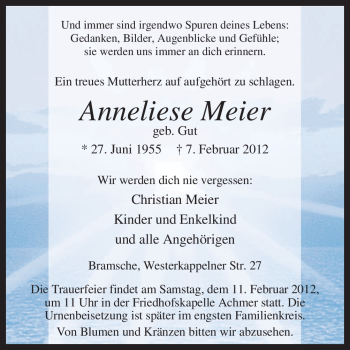 Traueranzeige von Anneliese Meier von Neue Osnabrücker Zeitung