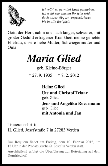 Traueranzeige von Maria Glied von Neue Osnabrücker Zeitung