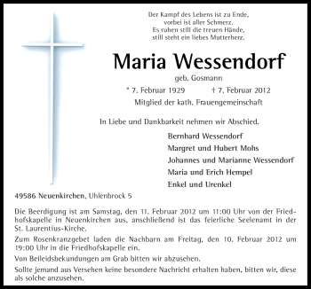 Traueranzeige von Maria Wessendorf von Neue Osnabrücker Zeitung