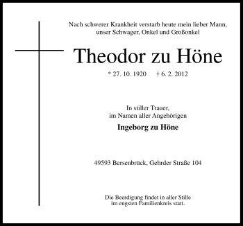 Traueranzeige von Theodor zu Höne von Neue Osnabrücker Zeitung