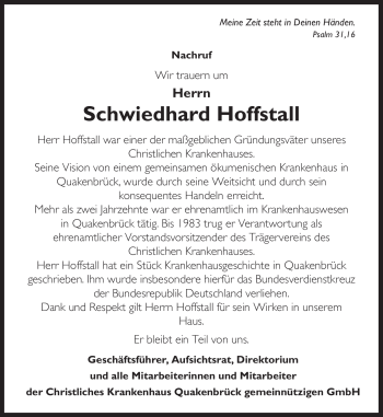 Traueranzeige von Schwiedhard Hoffstall von Neue Osnabrücker Zeitung