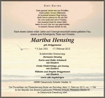 Traueranzeige von Martha Hensing von Neue Osnabrücker Zeitung