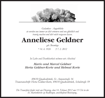 Traueranzeige von Anneliese Geldner von Neue Osnabrücker Zeitung