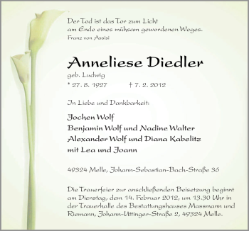 Traueranzeige von Anneliese Diedler von Neue Osnabrücker Zeitung