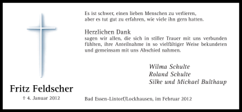 Traueranzeige von Fritz Feldscher von Neue Osnabrücker Zeitung