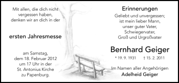 Traueranzeige von Bernhard Geiger von Neue Osnabrücker Zeitung