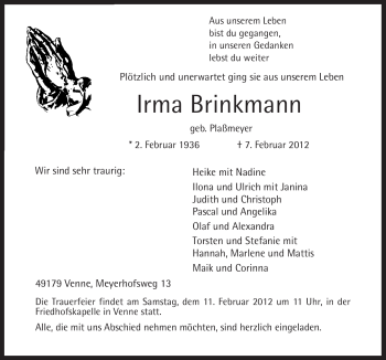 Traueranzeige von Irma Brinkmann von Neue Osnabrücker Zeitung