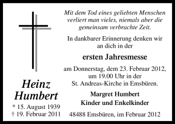 Traueranzeige von Heinz Humbert von Neue Osnabrücker Zeitung